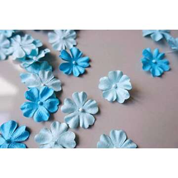 100 pcs Flat Paper Flowers for Crafts 25mm Mini Mulberry Paper Flowers for Crafts Scrapbooking Wedding Card Supplies Embellishment Craft Flowers Pressed DIY Gifts (Blue Tone)