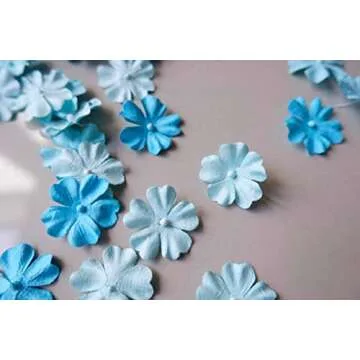 100 pcs Flat Paper Flowers for Crafts 25mm Mini Mulberry Paper Flowers for Crafts Scrapbooking Wedding Card Supplies Embellishment Craft Flowers Pressed DIY Gifts (Blue Tone)