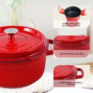 MEIGUI 4QT Cast Iron Dutch Oven, Enameled Non-Stick Dutch Oven, Round Dutch Oven Pot with Lid, Pre-Seasoned Large Dutch Oven Liners, for Sourdough Bread Baking, Braising, Soups, Family Sharing, Red