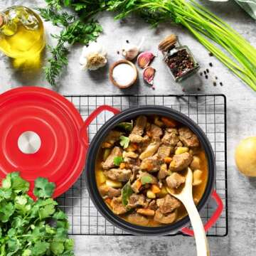 MEIGUI 4QT Cast Iron Dutch Oven, Enameled Non-Stick Dutch Oven, Round Dutch Oven Pot with Lid, Pre-Seasoned Large Dutch Oven Liners, for Sourdough Bread Baking, Braising, Soups, Family Sharing, Red