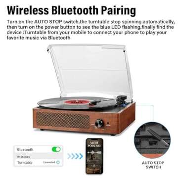 Vinyl Record Player Turntable with Built-in Bluetooth Receiver & 2 Stereo Speakers, 3 Speed 3 Size Portable Retro Record Player for Entertainment and Home Decoration(Orange)