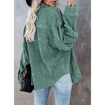Dokotoo Womens Oversized Long Sleeve Button Up Pocket Shirts Ladies Loose Fit Corduroy Tunic Blouse Tops S Green