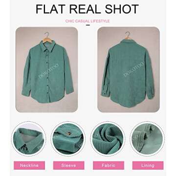 Dokotoo Womens Oversized Long Sleeve Button Up Pocket Shirts Ladies Loose Fit Corduroy Tunic Blouse Tops S Green