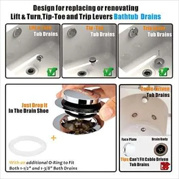 Artiwell Universal Tip Toe Bath Drain Stopper and Cover, Bathtub Drain Stopper, Replaces Lift and Tu...