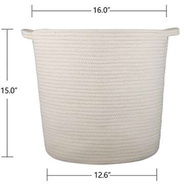 INDRESSME 2 Pack XL Round Cotton Rope Storage Basket Baby Laundry Basket Woven Baskets Blanket Soft Floor Basket with Handle for Throw Toy 16.0"x 15.0"x12.6",Off White