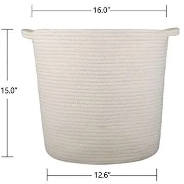 INDRESSME 2 Pack XL Round Cotton Rope Storage Basket Baby Laundry Basket Woven Baskets Blanket Soft Floor Basket with Handle for Throw Toy 16.0"x 15.0"x12.6",Off White