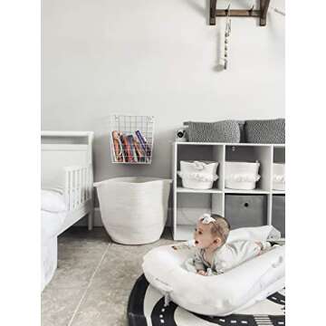 INDRESSME 2 Pack XL Round Cotton Rope Storage Basket Baby Laundry Basket Woven Baskets Blanket Soft Floor Basket with Handle for Throw Toy 16.0"x 15.0"x12.6",Off White