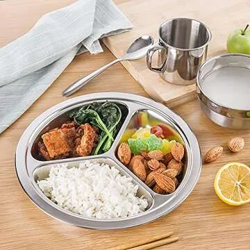 TEERFU Stainless Steel Divided Plate Set: 3 Section Set of 2 Serving Trays Great for Camping,Lunch and Dinner Plates