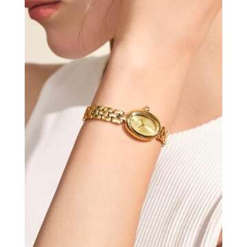 FIYTA Golden Bean Series Women's Watch, Oval Case, Adjustable Stainless Steel Bracelet, Wrapped by Stylish Gift Box, Elegant Present Gold Watch for Women
