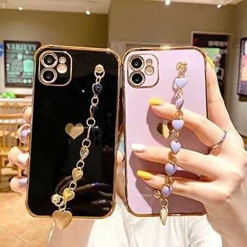 BANAILOA Comaptible with Phone 11 Case Hearts,Luxury Cute case with Chain for Women Girly Camera Protective Soft Slim Phone Cover - 6.1 inch (Black)