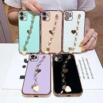 BANAILOA Comaptible with Phone 11 Case Hearts,Luxury Cute case with Chain for Women Girly Camera Protective Soft Slim Phone Cover - 6.1 inch (Black)