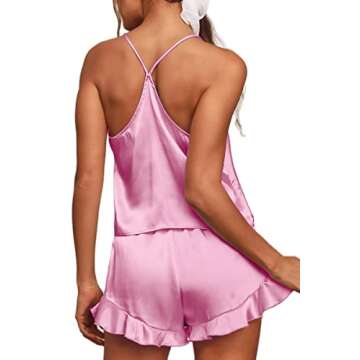 CHYRII Women's Sexy Ruffled Silk Satin Two Piece Pajamas Sets Racerback Cami Tops Shorts Sleepwear Baby Pink L