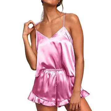 CHYRII Women's Sexy Ruffled Silk Satin Two Piece Pajamas Sets Racerback Cami Tops Shorts Sleepwear Baby Pink L