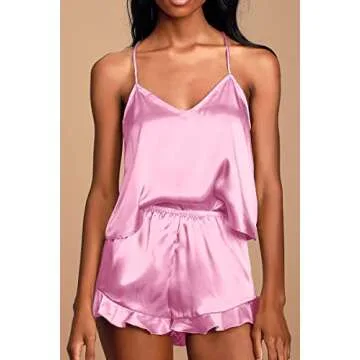 CHYRII Women's Sexy Ruffled Silk Satin Two Piece Pajamas Sets Racerback Cami Tops Shorts Sleepwear Baby Pink L