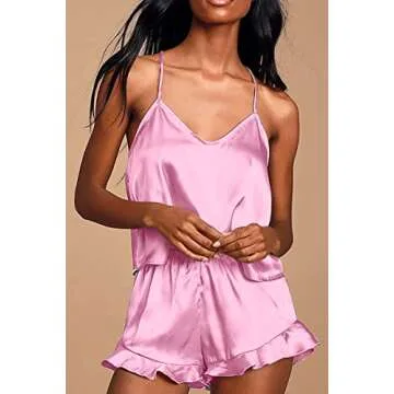 CHYRII Women's Sexy Ruffled Silk Satin Two Piece Pajamas Sets Racerback Cami Tops Shorts Sleepwear Baby Pink L