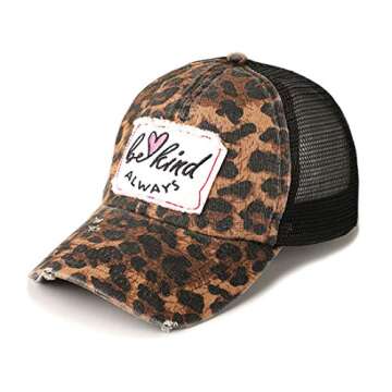 MIRMARU Women’s Baseball Caps Distressed Vintage Patch Washed Cotton Low Profile Embroidered Mesh Snapback Trucker Hat (as1, Alpha, one_Size, Leopard, Be Kind Always)