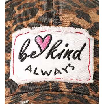MIRMARU Women’s Baseball Caps Distressed Vintage Patch Washed Cotton Low Profile Embroidered Mesh Snapback Trucker Hat (as1, Alpha, one_Size, Leopard, Be Kind Always)