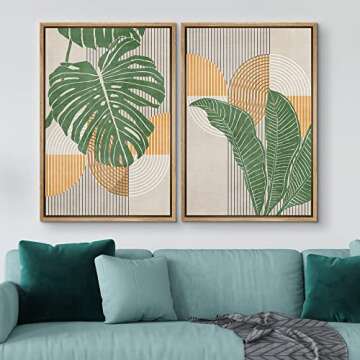 IDEA4WALL Framed Canvas Print Wall Art Set Mid-Century Jungle Monstera Palm Landscape Abstract Shape...