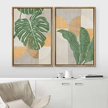 IDEA4WALL Framed Canvas Print Wall Art Set Mid-Century Jungle Monstera Palm Landscape Abstract Shapes Illustrations Modern Art Decorative Chic for Living Room, Bedroom, Office - 16"x24"x2 Natural