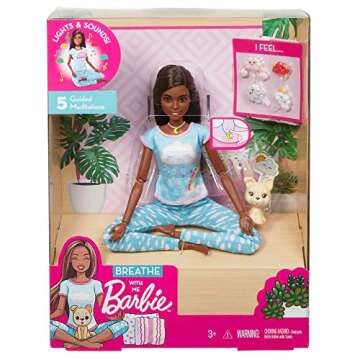 Barbie Breathe with Me Meditation Doll, Blonde, with 5 Lights & Guided Meditation Exercises, Puppy and 4 Emoji Accessories, Gift for Kids 3 to 8 Years Old