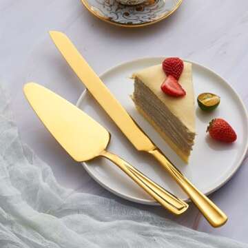 GoGeiLi Gold Cake Knife and Server Set, 13-inch Stainless Steel Cake Cutting Set, Elegant Cake Cutte...