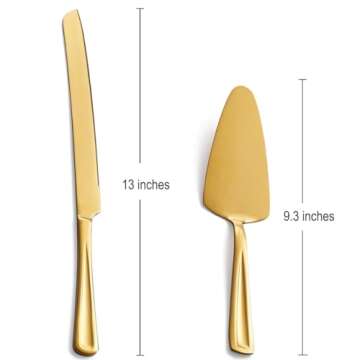 GoGeiLi Gold Cake Knife and Server Set, 13-inch Stainless Steel Cake Cutting Set, Elegant Cake Cutter Set for Wedding, Birthday, Parties, Anniversary