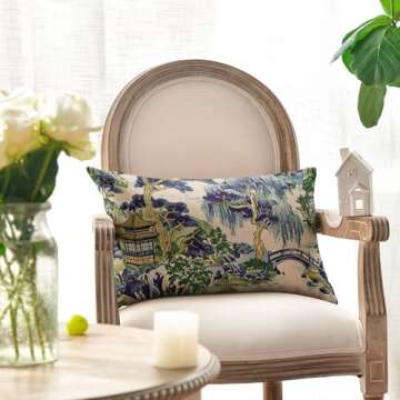 AVOIN colorlife Chinoiserie Blue Trees House Bridge Throw Pillow Cover, 12 x 20 Inch Cushion Case Indoor Outdoor Decoration for Sofa Couch Farmhouse