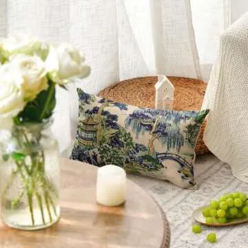 AVOIN colorlife Chinoiserie Blue Trees House Bridge Throw Pillow Cover, 12 x 20 Inch Cushion Case Indoor Outdoor Decoration for Sofa Couch Farmhouse