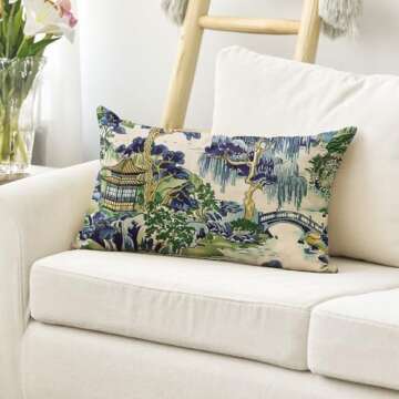 AVOIN colorlife Chinoiserie Blue Trees House Bridge Throw Pillow Cover, 12 x 20 Inch Cushion Case Indoor Outdoor Decoration for Sofa Couch Farmhouse