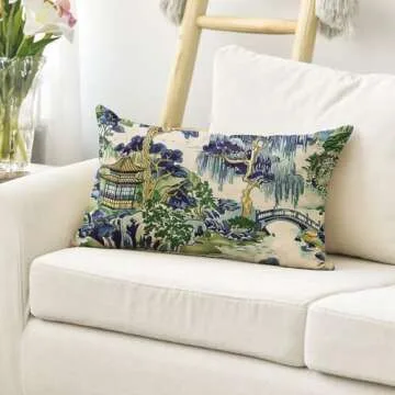 AVOIN colorlife Chinoiserie Blue Trees House Bridge Throw Pillow Cover, 12 x 20 Inch Cushion Case Indoor Outdoor Decoration for Sofa Couch Farmhouse