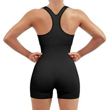 SUUKSESS Women Racerback Workout Romper One Piece Ribbed Seamless Jumpsuit Sleeveless Square Neck Padded Tank (Black,M)
