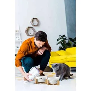 Ceramic Cat Dog Bowls with Stand - Personalized Pet Feeder for Water Food Dish - Heavy Weighted No Tip Over Non Slip Pet Comfort Feeding