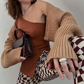 Cioatin Women Bolero Shrug Sweater Fall Outfit Knit Crop Cardigan Y2K Top Long Sleeve Open Front Pullover Going Out Brown
