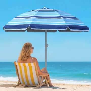 Deluwire 7ft Heavy Duty High Wind Beach Umbrella with Sand Anchor & Tilt Sun Shelter for Outdoor Fun