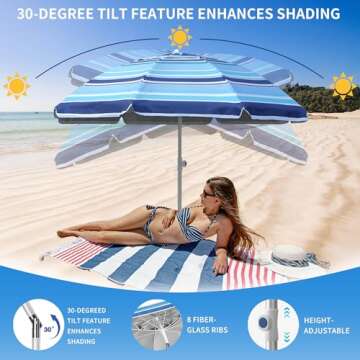 Deluwire 7ft Beach Umbrella with Sand Anchor and Tilt Features