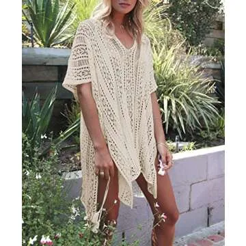 Jeasona Women’s Bathing Suit Cover Up Beach Bikini Swimsuit Swimwear Crochet Dress (Beige, L)