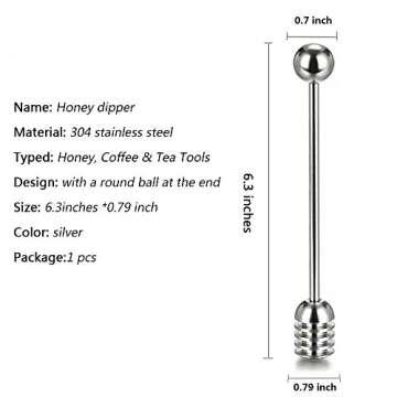 Honey and Syrup Dipper Stick Server Honey Spoon 304 Stainless Steel Wand for Honey Pot Jar Containers-6.3 Inch
