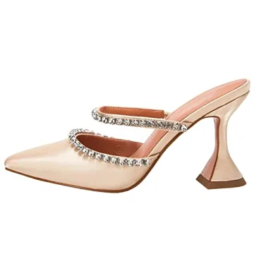 VETASTE Women's Pointed Toe Strappy Heels Crystal Satin Heeled Mules Wedding Party Shoes Champagne G...