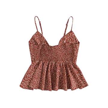 SheIn Women's Floral Smocked Peplum Crop Top Ruffle Boho Tie Front Sleeveless V Neck Shirred Cami