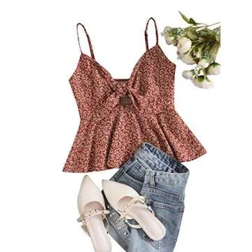 SheIn Women's Floral Smocked Peplum Crop Top Ruffle Boho Tie Front Sleeveless V Neck Shirred Cami