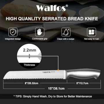 Walfos 8 Inch Bread Knife with Sheath, Serrated Bread Knife with Upgraded Stainless Steel, Ultra-Sharp, Bread Slice Knife for Slicing Homemade Bread, Bagels, Cake