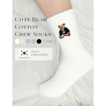 Colorful Cotton Crew Socks for Women with Cute Bear Designs