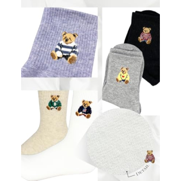 Colorful Cotton Crew Socks for Women with Cute Bear Designs