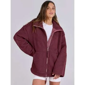 ANRABESS Womens Fleece Jacket Oversized Zip Up Sherpa Fuzzy Casual Coats Winter Fall Outerwear 2024 Clothes with Pockets Small
