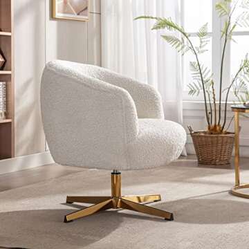 DUOMAY Swivel Accent Chair Armchair, Modern Faux Fur Round Barrel Chair with Gold Base for Living Room Bedroom Reading Room Office, White