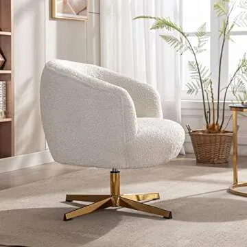DUOMAY Swivel Accent Chair Armchair, Modern Faux Fur Round Barrel Chair with Gold Base for Living Room Bedroom Reading Room Office, White