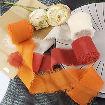 Handmade Fringe Chiffon Silk Ribbon Gauze 1.5" x 7 Yard Orange & White Frayed Edges Ribbons Set for ...