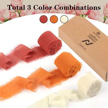 Handmade Fringe Chiffon Silk Ribbon Gauze 1.5" x 7 Yard Orange & White Frayed Edges Ribbons Set for Wedding Invitations, Gifts Wrapping, DIY Crafts, Bridal Bouquets