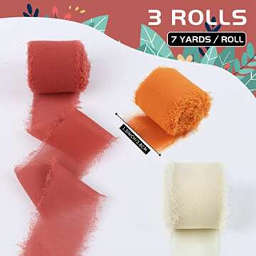 Handmade Fringe Chiffon Silk Ribbon Gauze 1.5" x 7 Yard Orange & White Frayed Edges Ribbons Set for Wedding Invitations, Gifts Wrapping, DIY Crafts, Bridal Bouquets