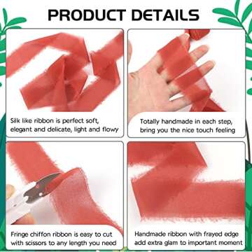 Handmade Fringe Chiffon Silk Ribbon Gauze 1.5" x 7 Yard Orange & White Frayed Edges Ribbons Set for Wedding Invitations, Gifts Wrapping, DIY Crafts, Bridal Bouquets